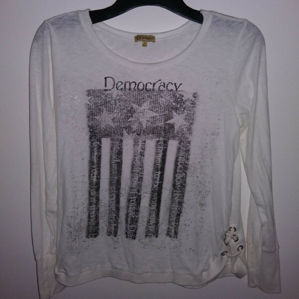 Democracy White Crew Neck Long Sleeve T Shirt Sz L